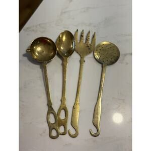Vintage Ornate Brass Kitchen Utensils -spoon, ladle, fork and skimmer